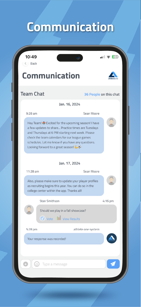 athlete one + - Mobile app screenshot of the athlete one plus team chat interface showing coach messages and a poll for players