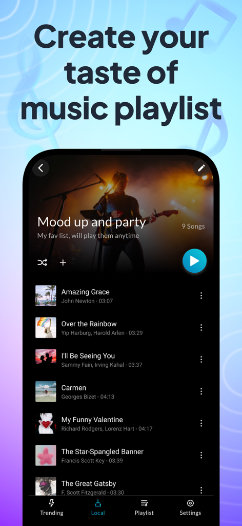 POPMusic: MP3 Player, Offline - POPMusic App-Oberfläche, die eine benutzerdefinierte Musik-Wiedergabeliste mit dem Titel 'Mood up and party' und einer Liste von Songs anzeigt