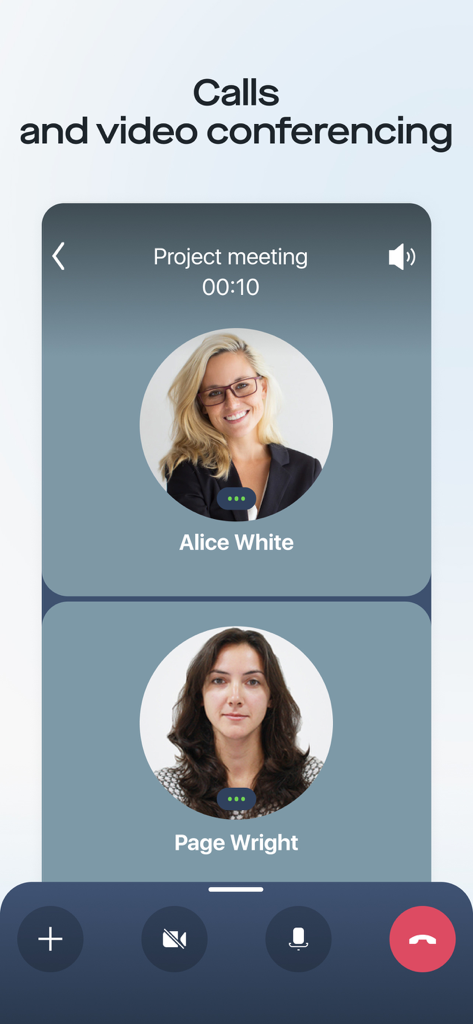 Saby Meet - Video conferencing interface in the Saby Meet app showing two participants in a project meeting