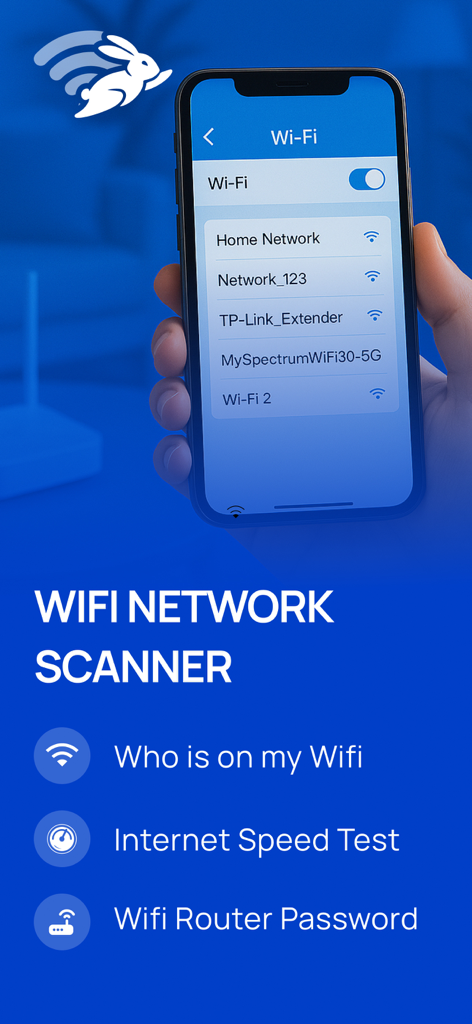 Wifi Analyser: Password Map - Wifi Analyser app interface displaying network scanner features and available Wi-Fi networks on a smartphone screen.