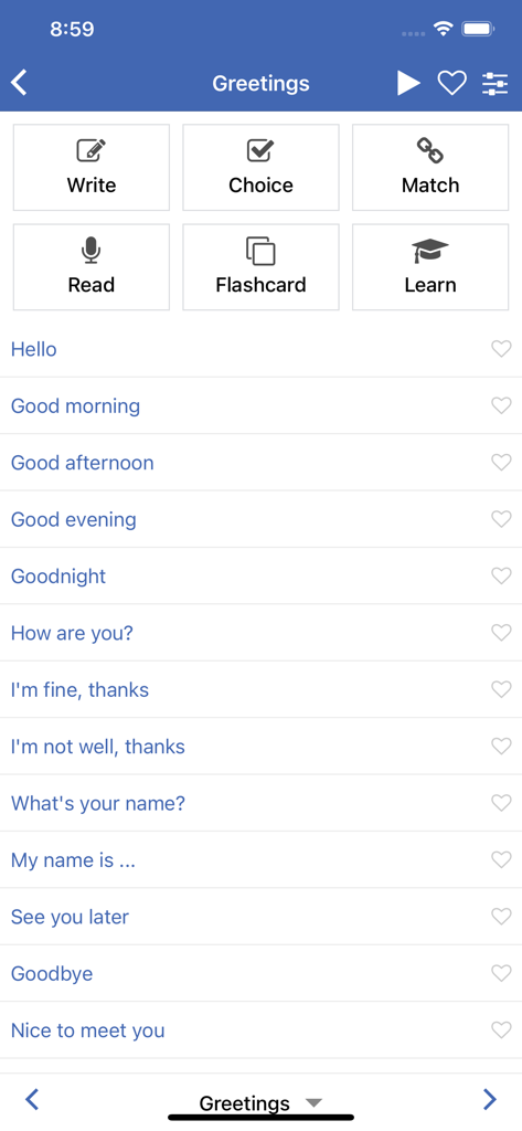 Learn Japanese - jHami - Interface of the Learn Japanese jHami app showing common greetings and study modes like Write Choice and Flashcard