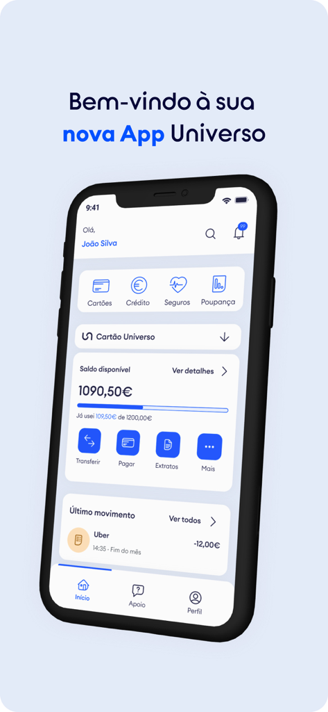 Home screen of the Universo Mobile Banking app displaying account balance and financial categories