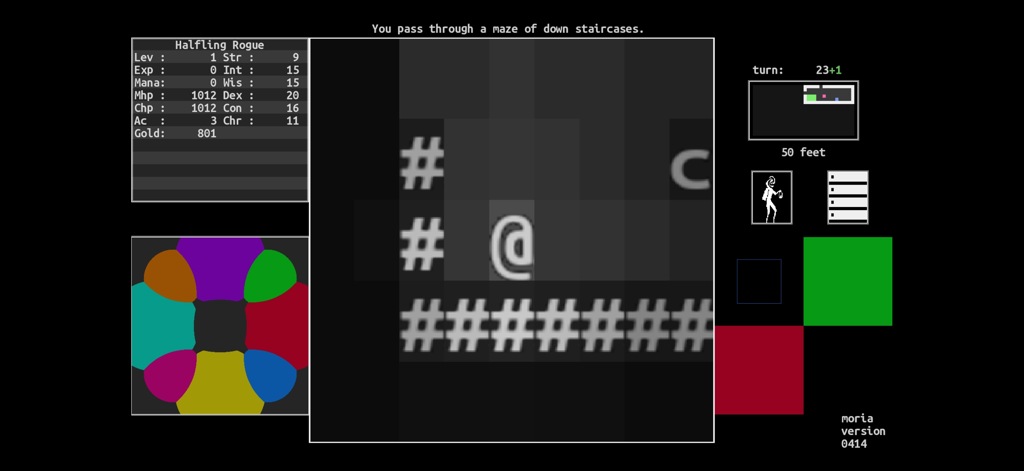 Mines of Moria - Gameplay interface of Mines of Moria showing ASCII graphics and character stats for a Halfling Rogue.
