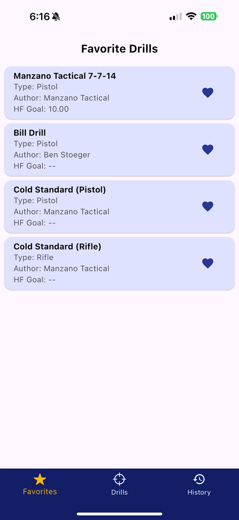 Una lista de ejercicios de tiro guardados en la aplicación AimBot Firearm Training que muestran ejercicios favoritos de pistola y rifle