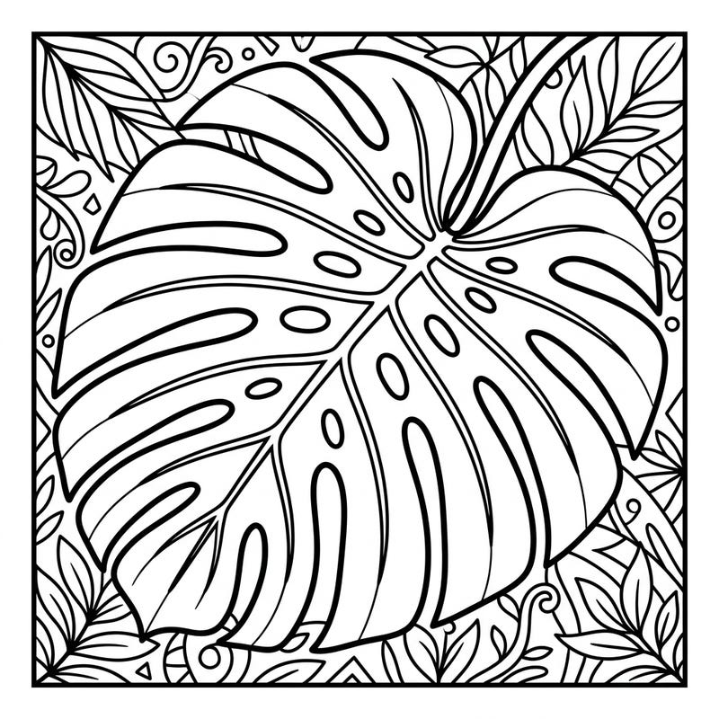 Dive into the lush world of tropical plants with this beautiful Monstera leaf coloring page. Its distinctive shape and surrounding botanical patterns offer a delightful and creative coloring experience for all ages.