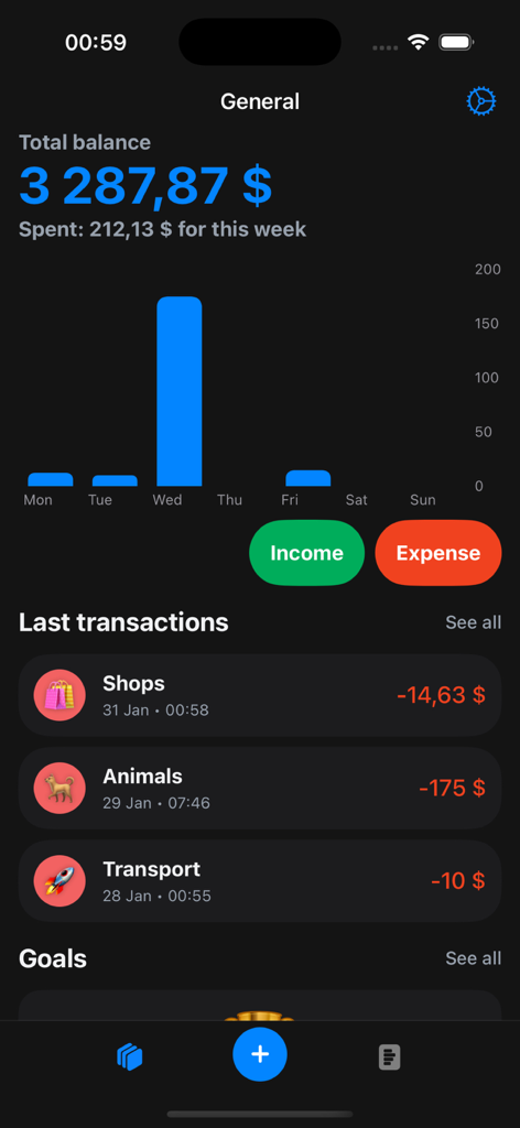 Saro: Money Manager - Saro Money Manager dashboard with total balance and weekly spending chart