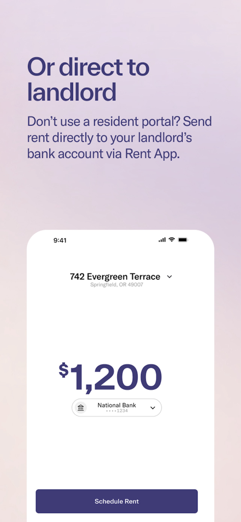 Split Pay by Rent App - Tela do aplicativo móvel mostrando um pagamento de aluguel de doze centavos sendo agendado para transferência direta para um proprietário