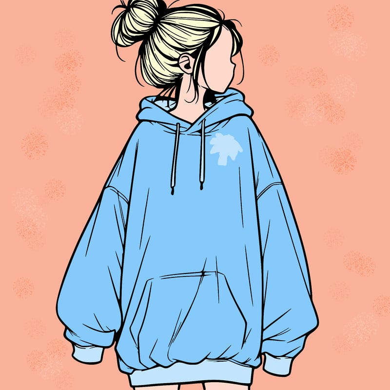 realistic girl with a oversized sweatshirt on and a bun