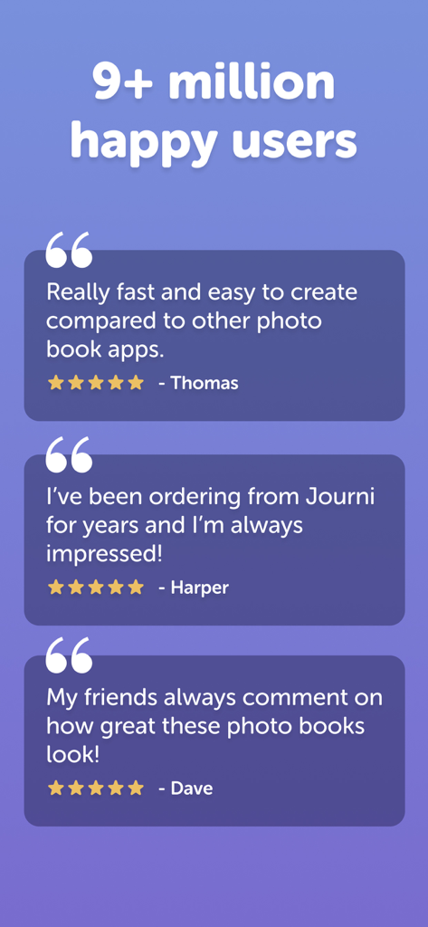 Screenshot of the Journi Print app showing positive customer reviews and 9 million happy users
