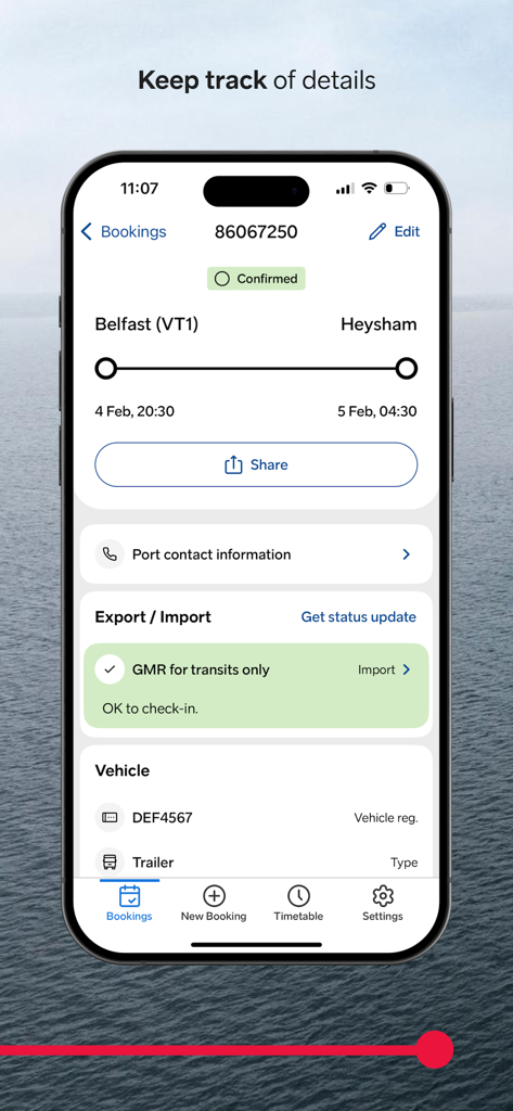 Freight Planner - La aplicación móvil Freight Planner muestra una reserva de ferry confirmada de Belfast a Heysham con detalles del vehículo y el tránsito.