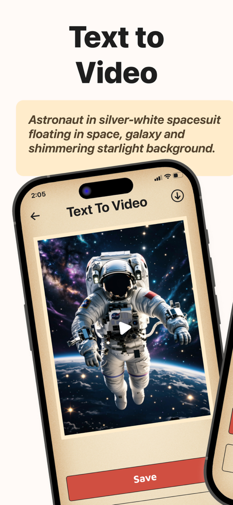 텍스트 프롬프트가 있는 우주 비행사의 AI 생성 이미지가 표시된 텍스트 비디오 기능을 보여주는 Photo Revive AI 앱 인터페이스