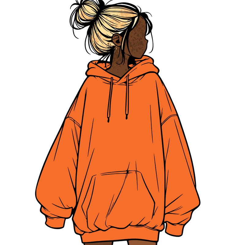 realistic girl with a oversized sweatshirt on and a bun
