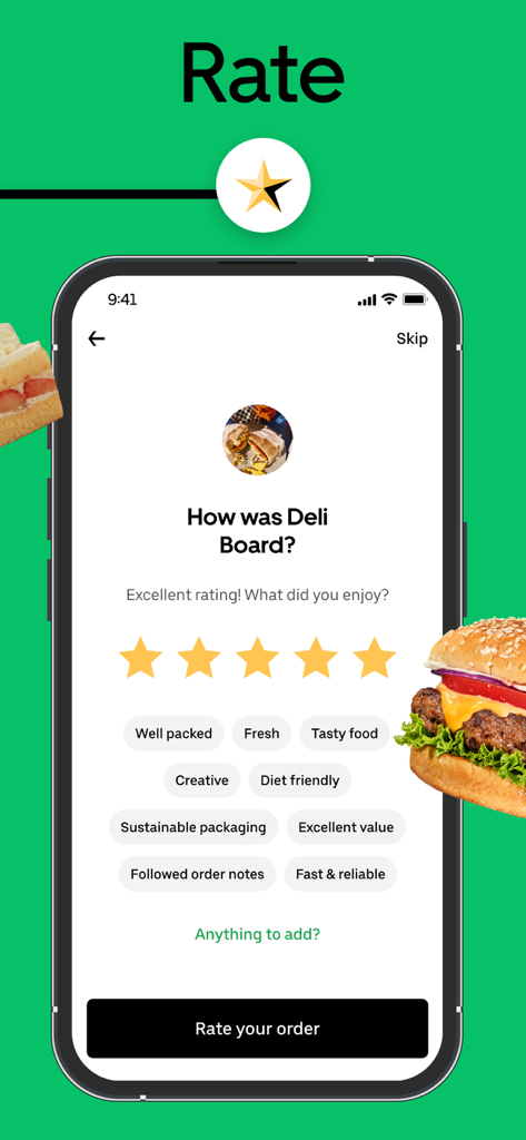 Uber Eats app screen showing a five star restaurant rating and feedback options
