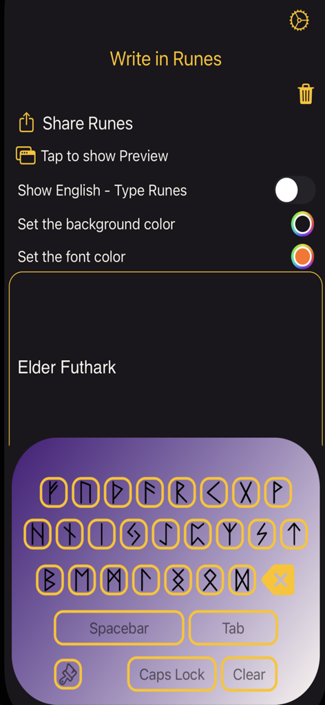 Pantalla de la aplicación Traductor de Runas mostrando un teclado personalizado de Futhark Mayor y opciones de personalización.
