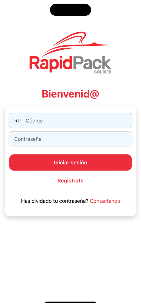 Rapid Pack - Interfaz de inicio de sesión de la aplicación móvil Rapid Pack Courier en español