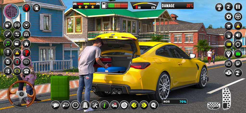 Russian Taxi Driving Simulator - Un hombre cargando maletas en el maletero de un coche deportivo amarillo en un entorno urbano suburbano.