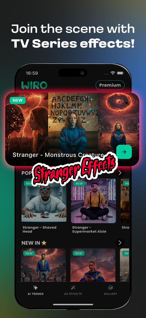 Wiro AI app displaying popular TV series inspired AI photo and video effects