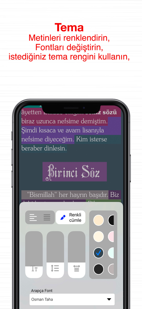 Risale-i Nur Kütüphanesi - Menú de personalización de temas y fuentes en la aplicación Risale-i Nur Library