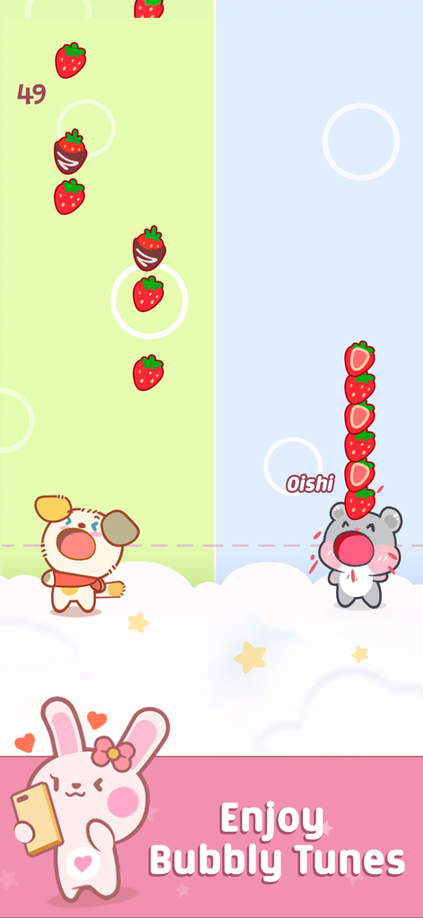 Duet Friends: Pet Music Games - Tela de jogabilidade de Duet Friends mostrando um cachorro e um hamster fofos pegando morangos caindo ao som de música rítmica