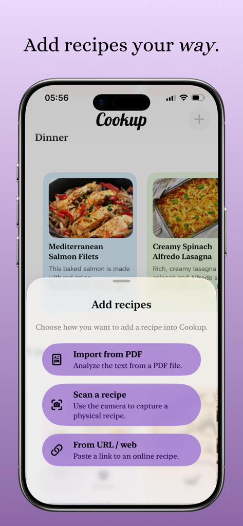 Cookup: Recipes & Tips - Interfaz de la aplicación Cookup que muestra un menú para añadir recetas mediante importación de PDF, escaneo con cámara o enlace de URL web