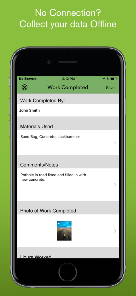 iForm - iForm app on iPhone showing an offline work completion report with field data and photo