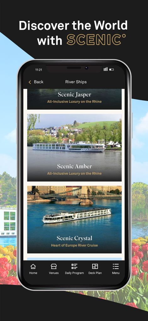 Scenic Luxury Cruises - A mobile app interface displaying a selection of Scenic luxury river cruise ships including the Scenic Jasper, Scenic Amber, and Scenic Crystal.
