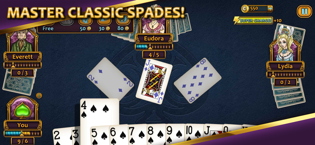 Aces Spades gameplay showing a hand of cards and Victorian-era AI opponents