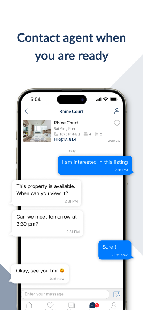 千居Spacious Rent & Buy Property - Una interfaz móvil de la aplicación inmobiliaria Spacious que muestra un chat dentro de la aplicación con un agente sobre un listado de propiedades en Hong Kong