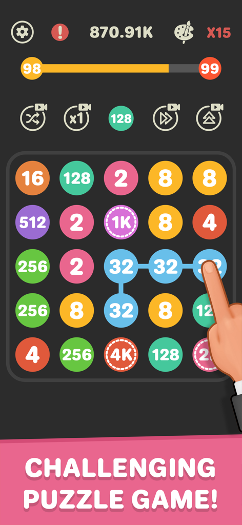 Connect The Dots - 2048 Merge - Mano conectando puntos numerados en un puzzle de fusión 2048 de combinación de colores