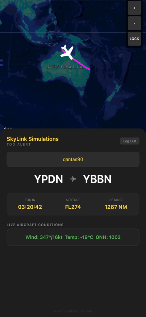 Skylink TOD Alert app showing live flight tracking and descent information