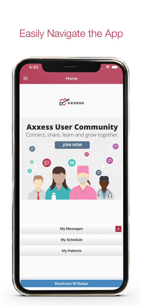 Axxess Home Health - Axxess Home Health app home screen showing navigation buttons for messages, schedule, and patient charts