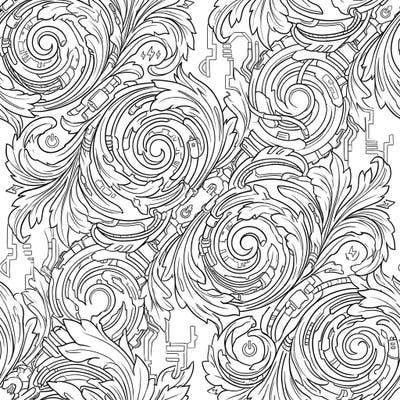 Dive into a mesmerizing fusion where timeless elegance meets high-tech futurism. This intricate coloring page blends classical acanthus spirals with dynamic cyberpunk details, offering a truly unique artistic experience.