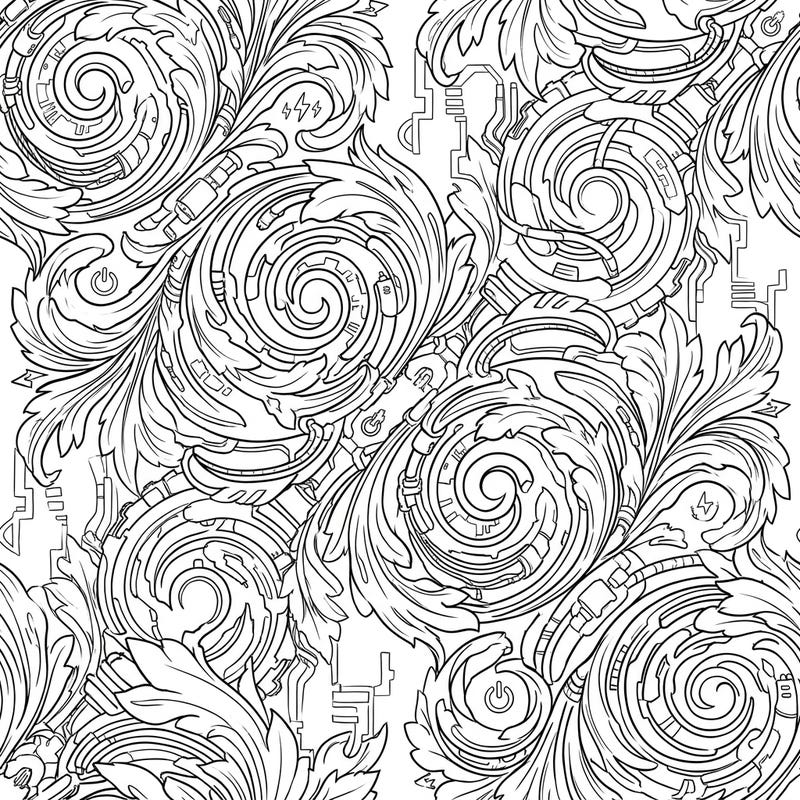 Dive into a mesmerizing fusion where timeless elegance meets high-tech futurism. This intricate coloring page blends classical acanthus spirals with dynamic cyberpunk details, offering a truly unique artistic experience.