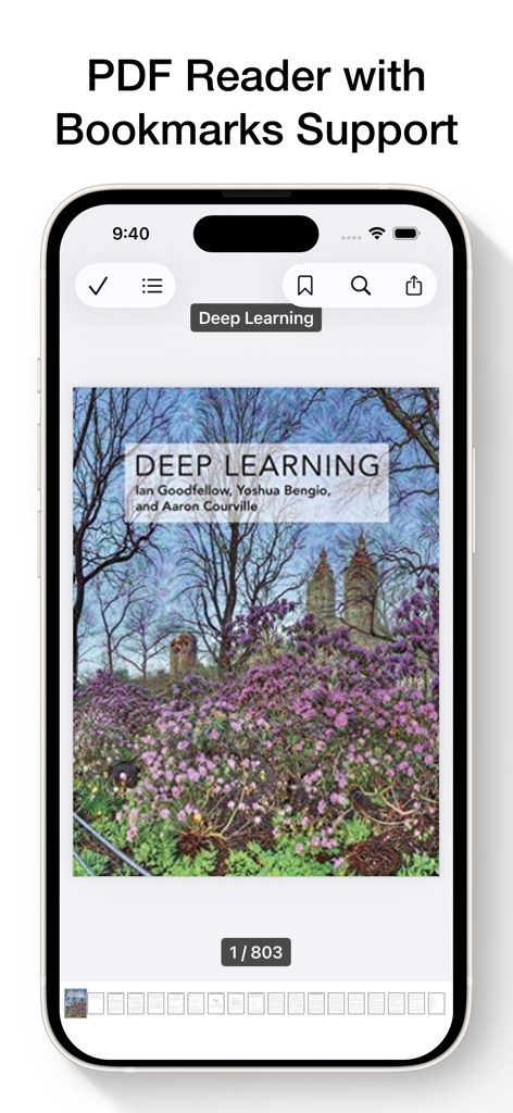 Mobile app PDF reader with bookmark support displaying a digital book on iPhone