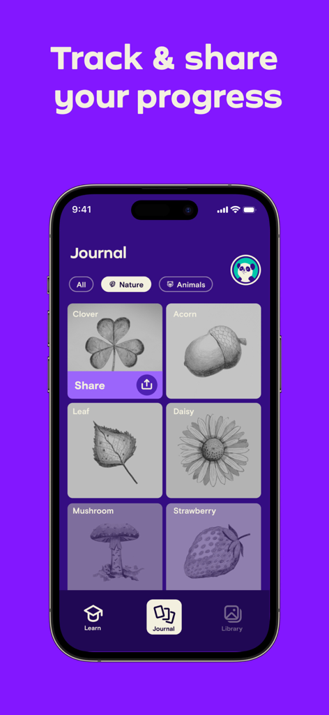 Simply Draw: Learn to Draw - Simply Draw app journal interface displaying a gallery of nature pencil sketches like a clover and daisy