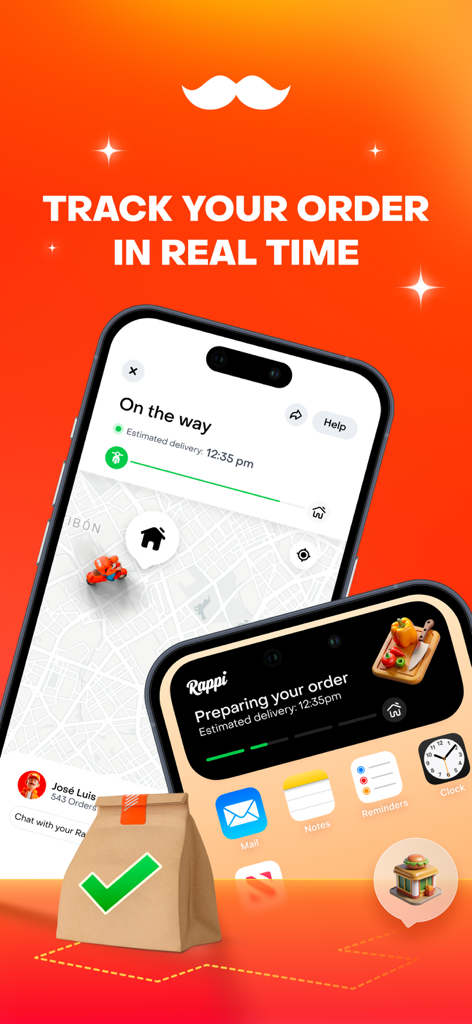 Rappi app interface showing real-time delivery tracking on a map and order status updates.