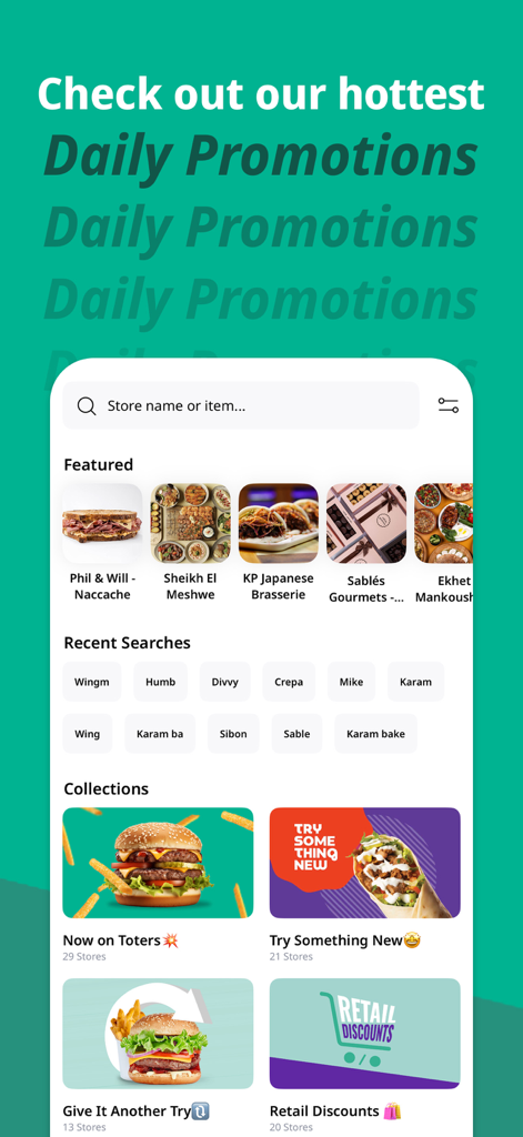 Toters delivery app interface showing daily promotions and featured restaurant collections.