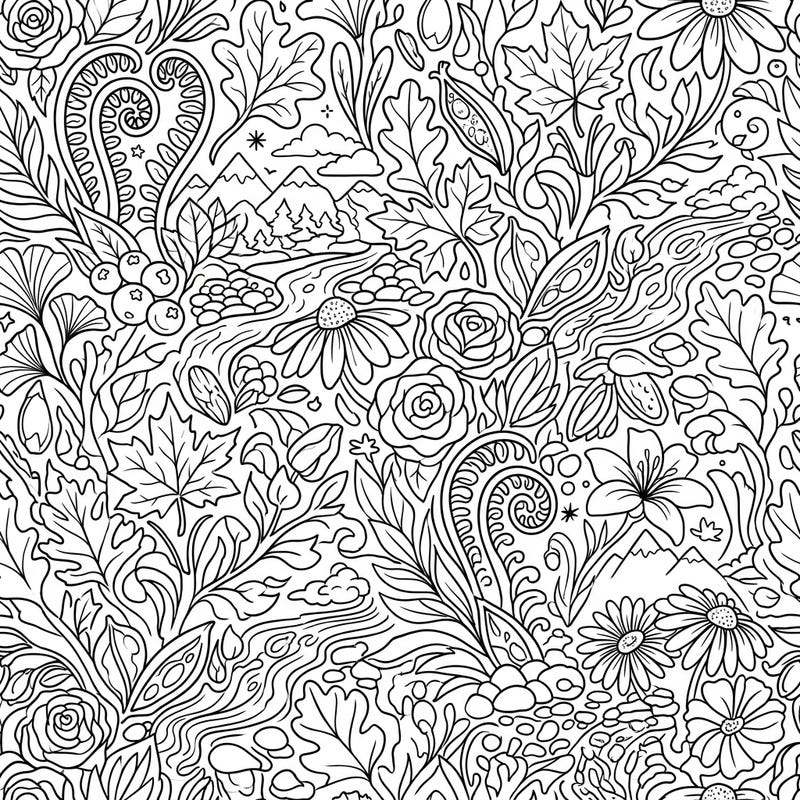 Dive into the detailed beauty of our Nature Tessellations coloring page, featuring an exquisite arrangement of flora, foliage, and natural landscapes. This intricate design offers hours of calming, immersive coloring for artists of all levels.