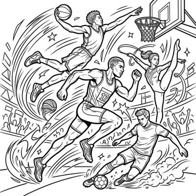 Celebrate the world of sports with this exciting coloring page featuring various athletes in dynamic poses. Bring to life basketball players, runners, soccer stars, and gymnasts with your favorite colors.