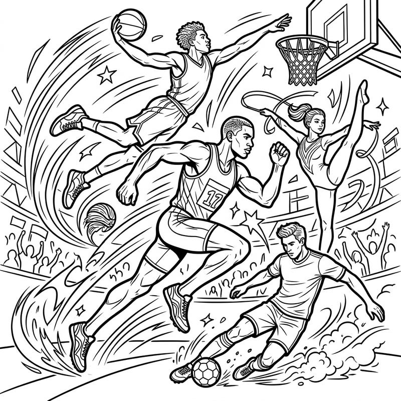 Celebrate the world of sports with this exciting coloring page featuring various athletes in dynamic poses. Bring to life basketball players, runners, soccer stars, and gymnasts with your favorite colors.