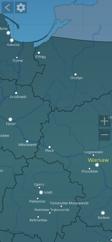 Poland Quiz (Qbis Studio) - Educational map of Poland showing major cities and rivers in the Poland Quiz app