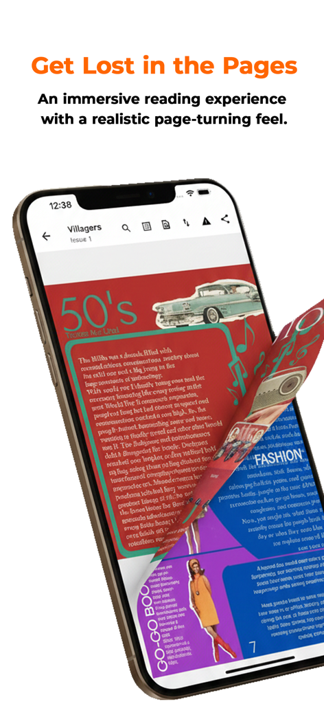 MagPublish - A smartphone showing the MagPublish app with a realistic digital magazine page turn effect