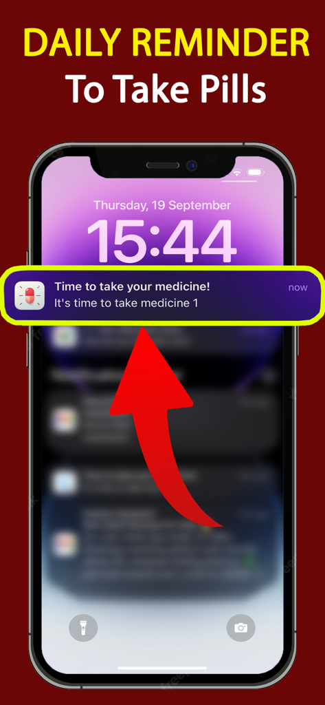 Medication Tracker Reminder - Pantalla de bloqueo del smartphone que muestra una alerta de notificación push para tomar la medicación diaria.