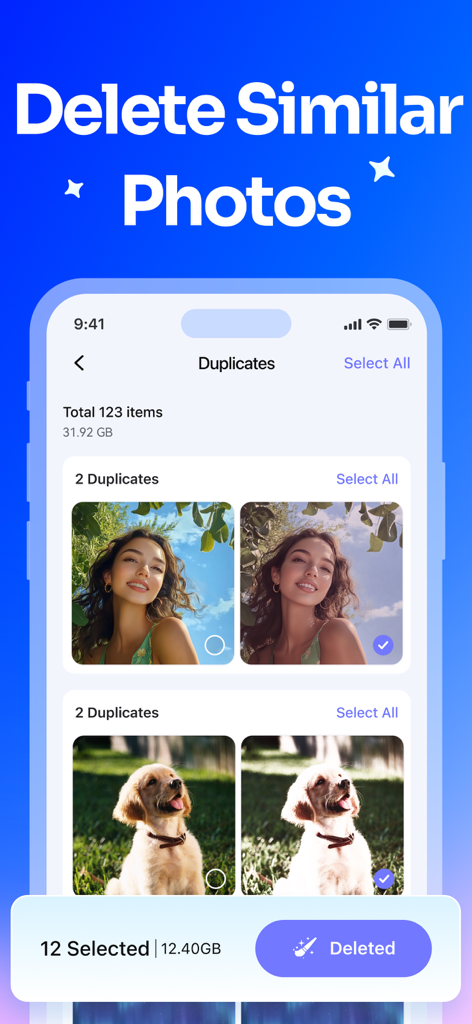MobileClean - Photo Cleaner - Interfaz de la aplicación MobileClean que muestra la detección y selección de fotos duplicadas para liberar almacenamiento