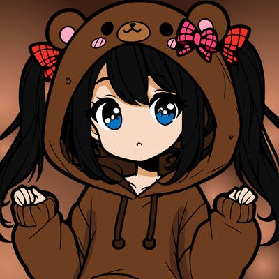 cute anime girl with ponytails and a cute bear hoodie