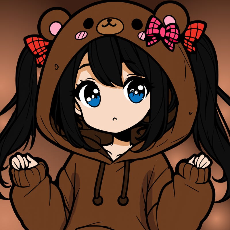 cute anime girl with ponytails and a cute bear hoodie