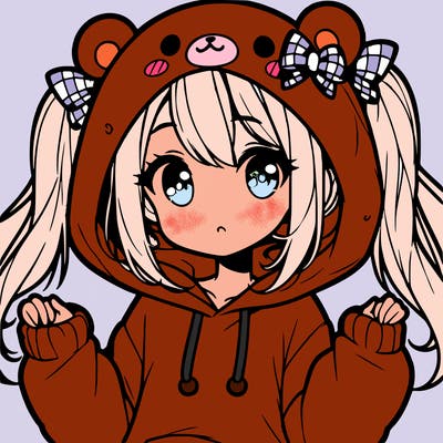 cute anime girl with ponytails and a cute bear hoodie