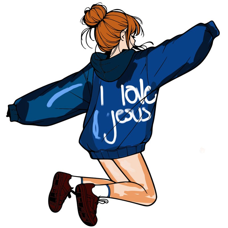 realistic girl jumping with a bun and oversized sweatshirt