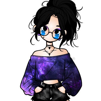 girl with a messy ponytail glasses a baggy crop top and jean shorts