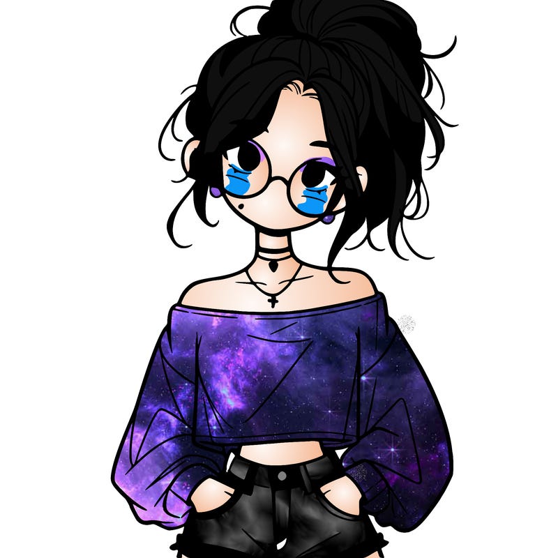 girl with a messy ponytail glasses a baggy crop top and jean shorts